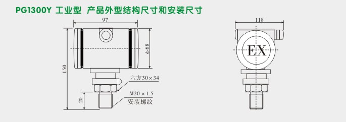 隔爆压力传感器,PG1300Y隔离防爆压力变送器外型尺寸及安装图